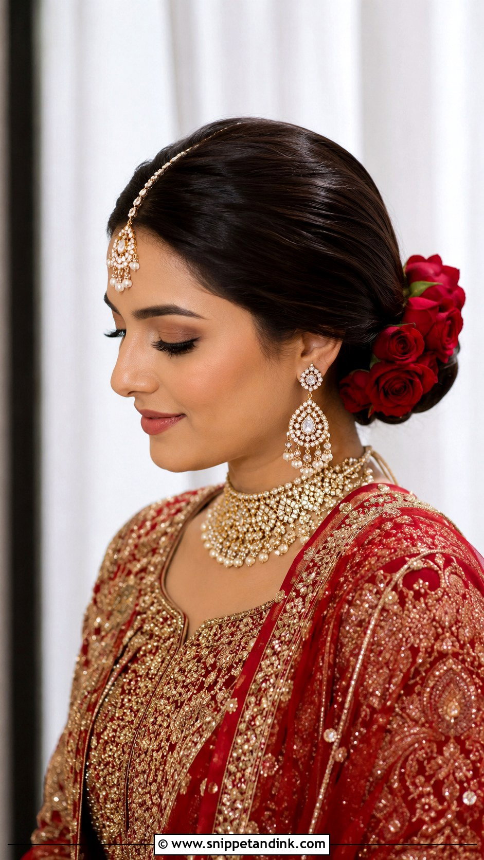 Low Floral Bun With Maang Tikka - Snippet and Ink - 20 Pakistani Barat Bride Hairstyles