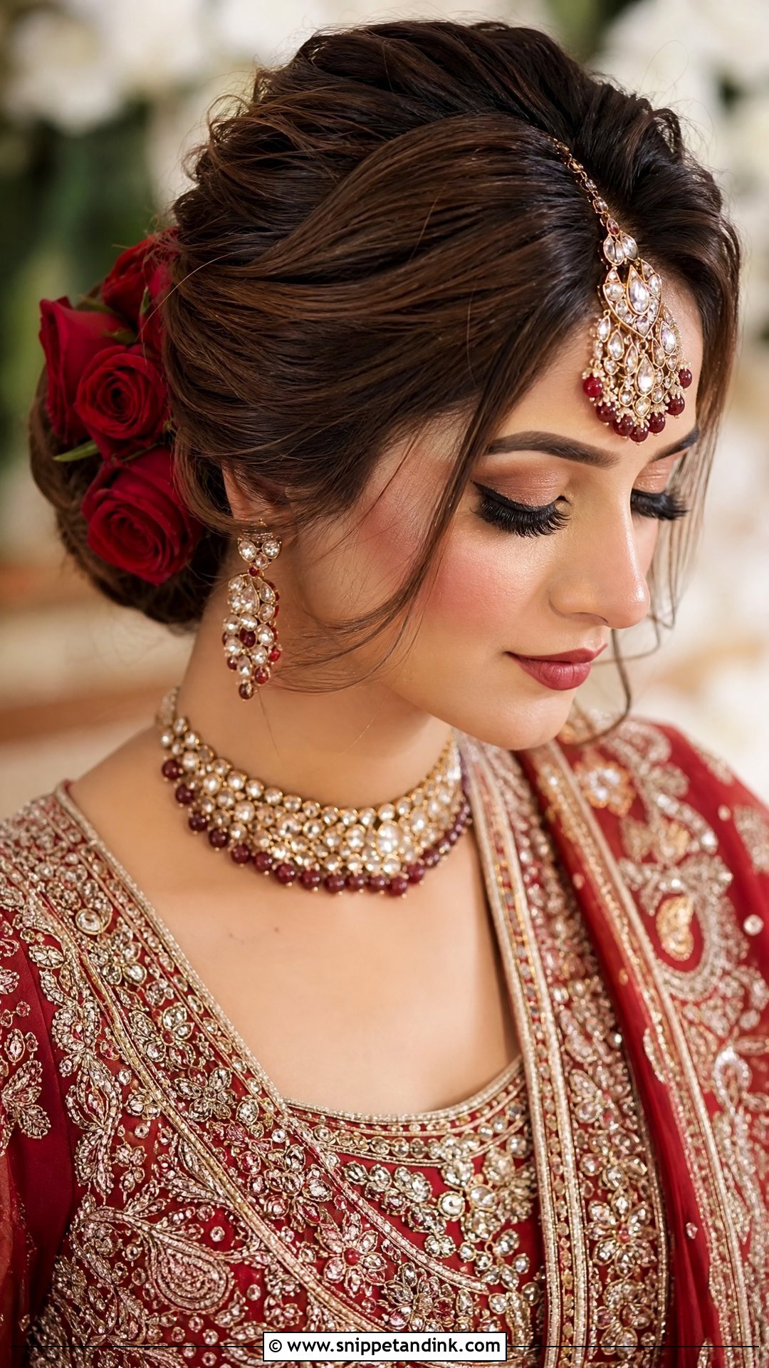 Low Floral Bun With Maang Tikka - Snippet and Ink - 20 Pakistani Baraat Hairstyles