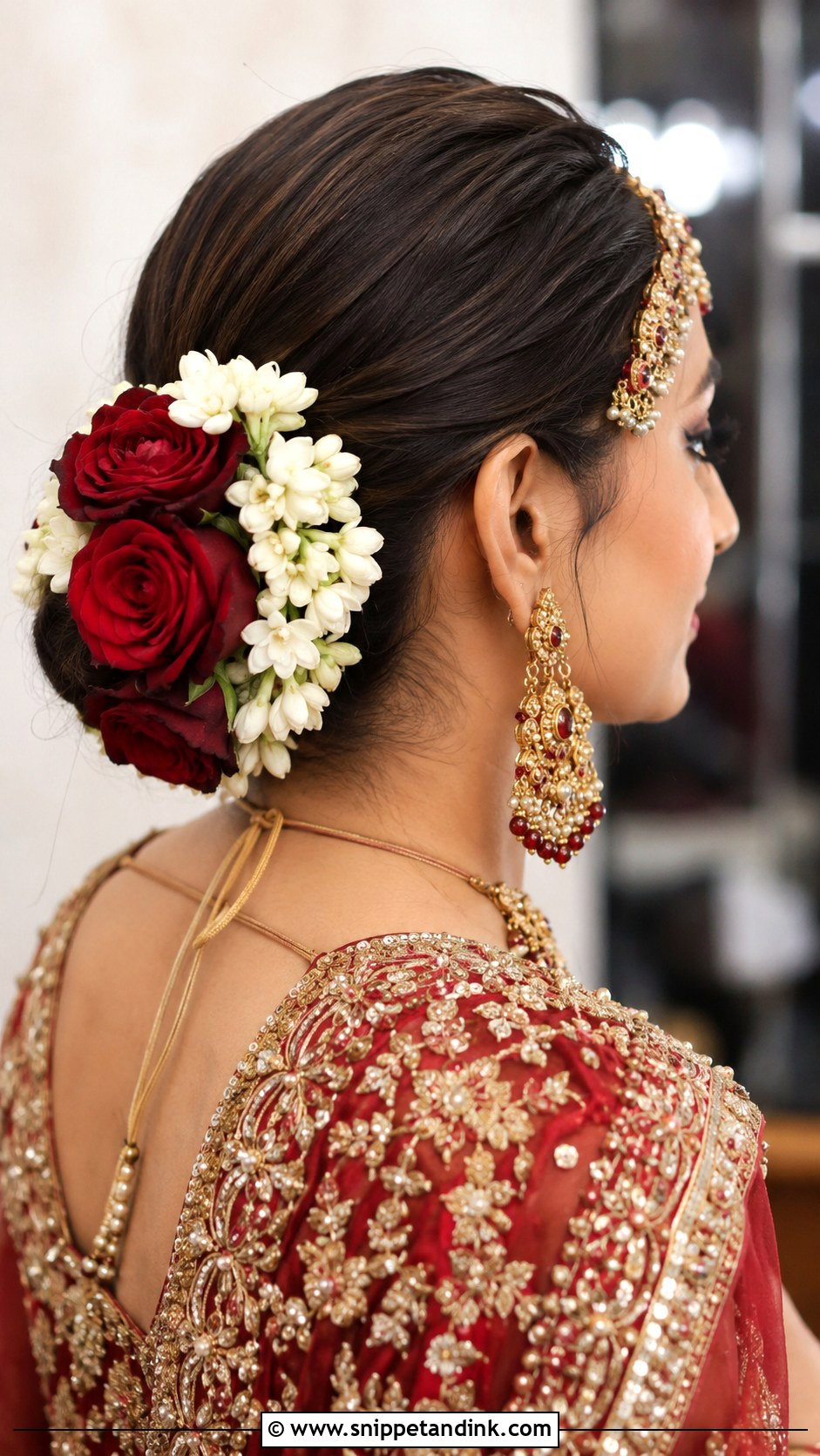 Low Floral Bun for Barat - Snippet and Ink - 25 Pakistani Wedding Hairstyles