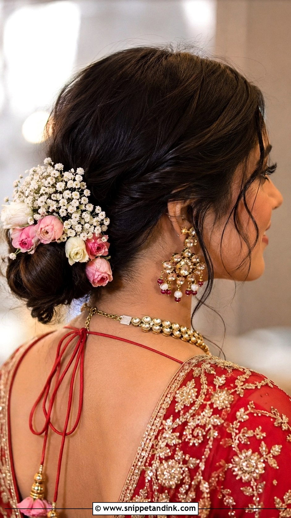 Low Floral Bun for Indian Wedding - Snippet and Ink - 20 Ban Hairstyle Indian Wedding Ideas
