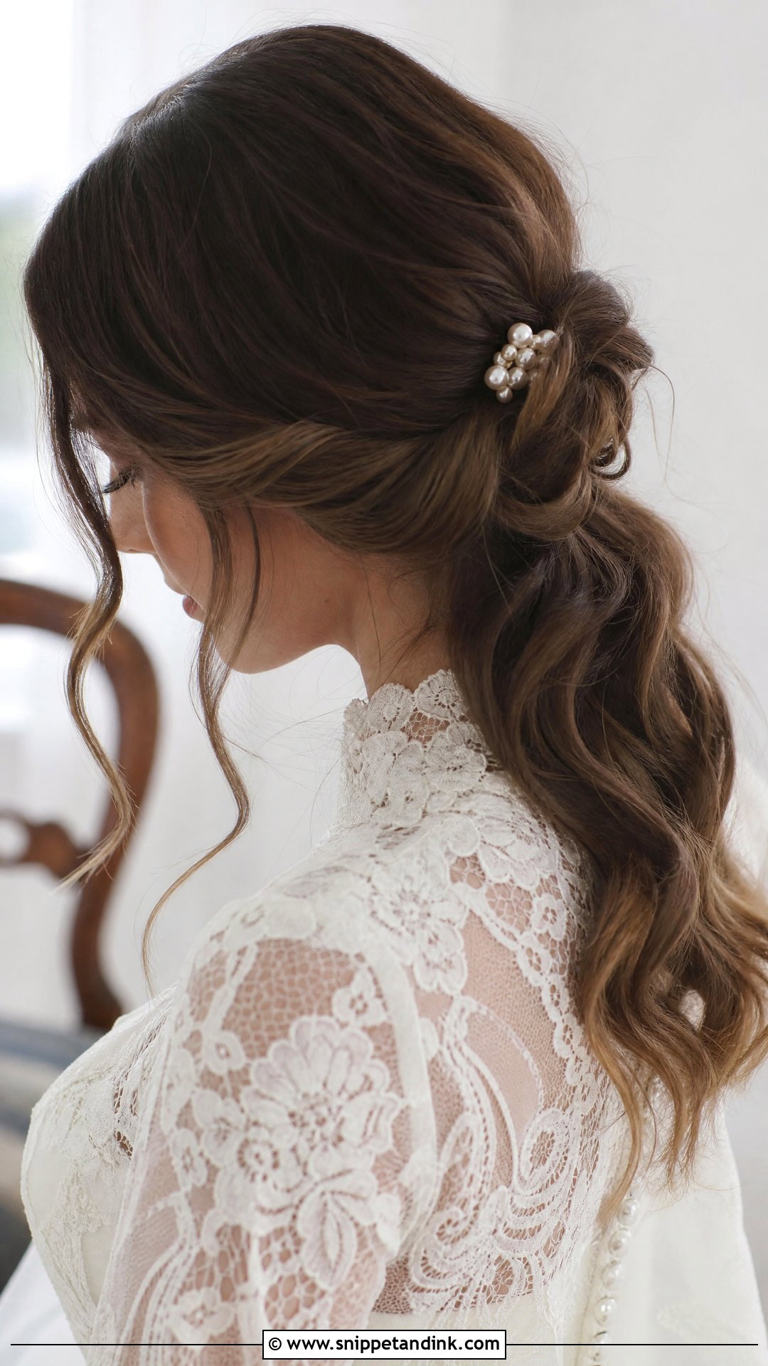 Low Half Up Bun With Soft Waves - Snippet and Ink - 20 Half-Up Half-Down Bun Wedding Hair Ideas