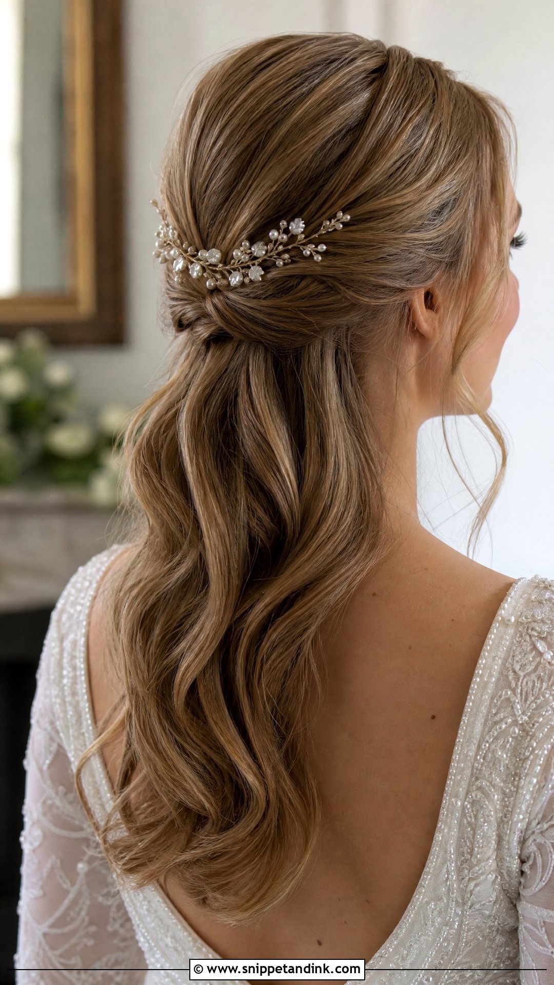 Low Half Up Ponytail Wedding Hairstyle - Snippet and Ink - 20 Half-Up Ponytail Wedding Ideas