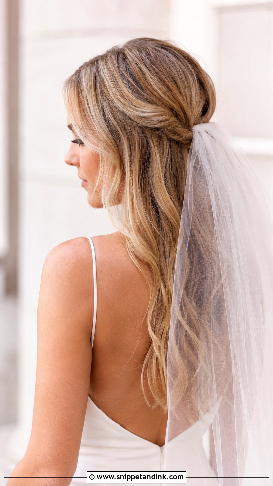 Low Half Up Style With a Veil - Snippet and Ink - 25 Veil Hair Down Ideas