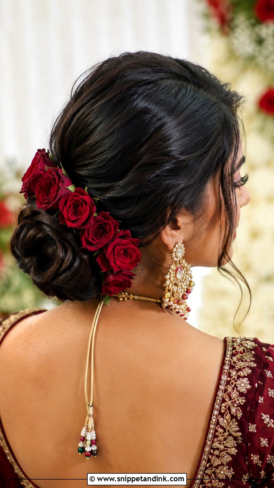 Low Indian Wedding Bun With Roses - Snippet and Ink - 20 Indian Hair Bun for Wedding Ideas