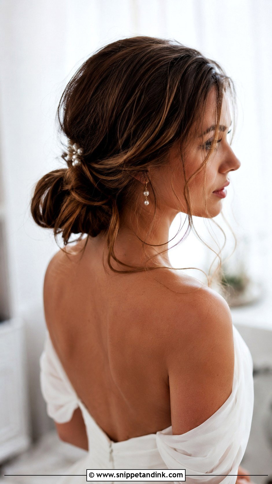 Low Knot With Loose Face Framing Pieces - Snippet and Ink - 25 Wedding Hair Brunette Ideas