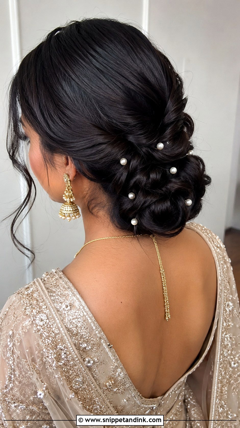 Low Knotted Bun With Pearls - Snippet and Ink - 20 Nikkah Hairstyles for Bride Sister