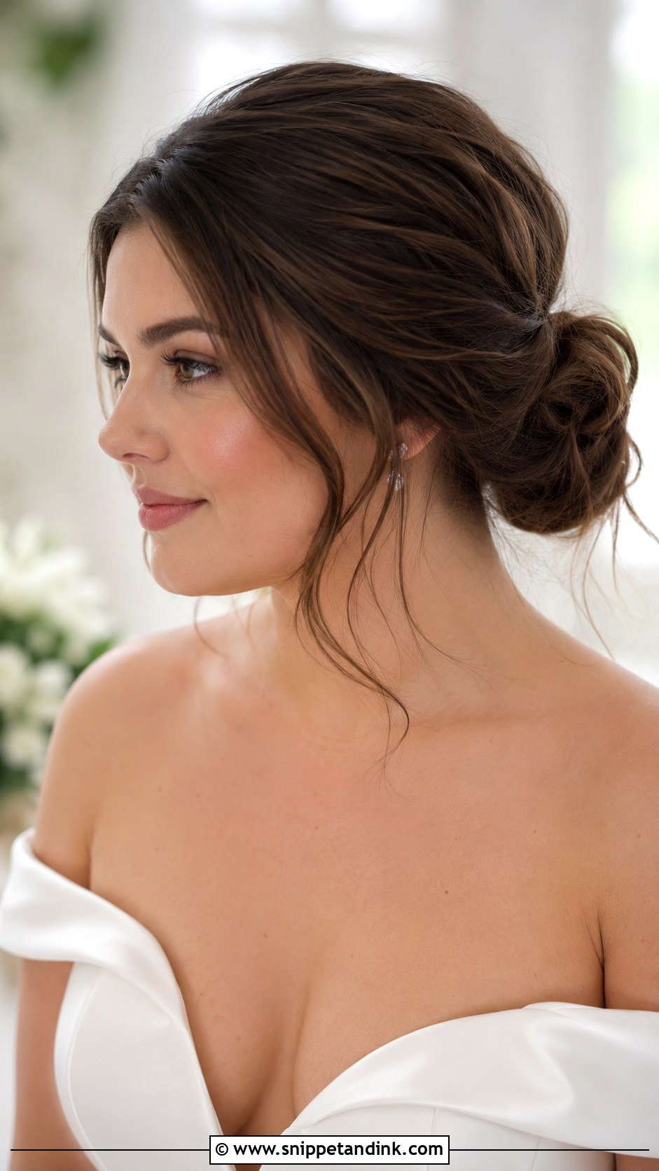 Low Knotted Bun With Tendrils - Snippet and Ink - 25 Round Face Hairstyles for Wedding