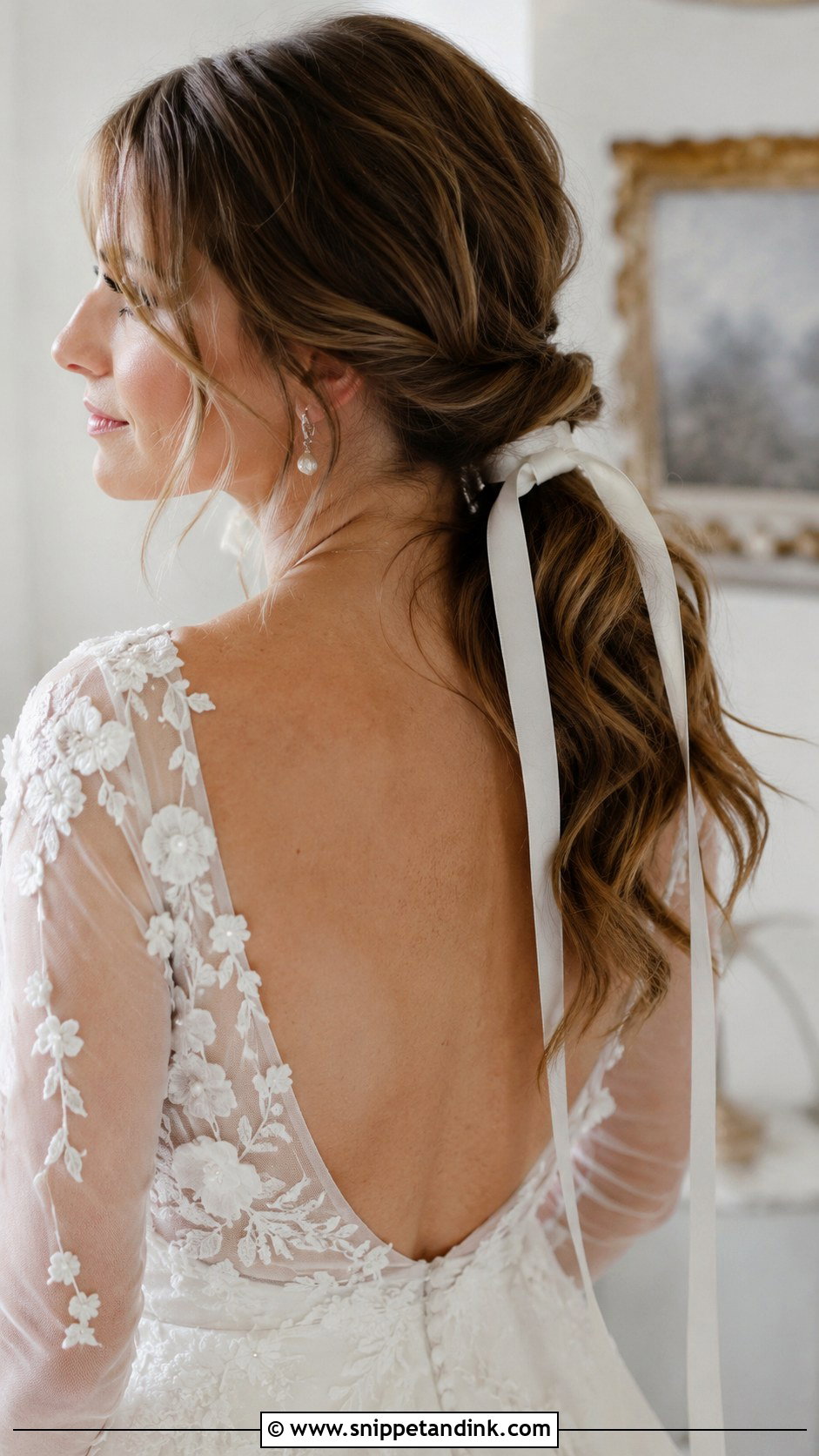 Low Loose Ponytail With Ribbon - Snippet and Ink - 20 Loose Ponytail Wedding Hairstyles