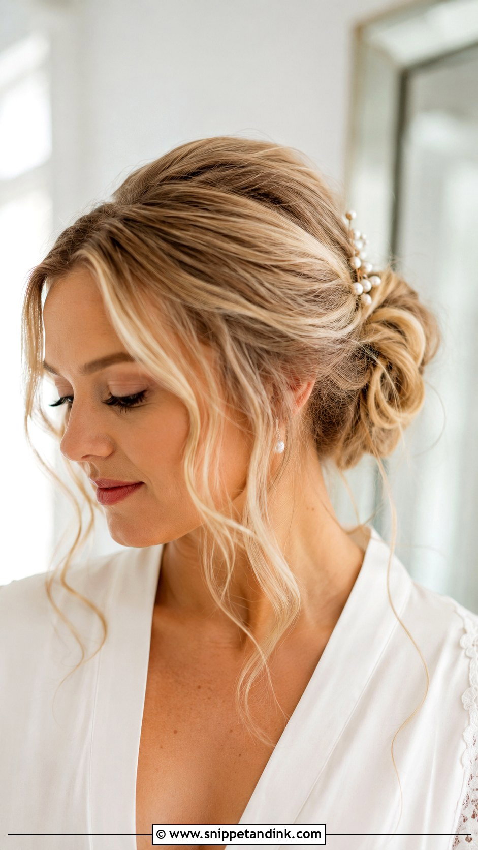 Low Loose Wedding Updo With Face Framing Pieces - Snippet and Ink - 15 Low Loose Updo Wedding Ideas