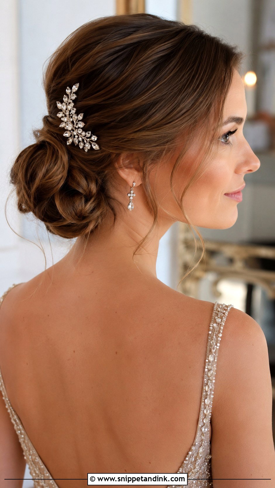 Low Messy Bun With Crystal Comb - Snippet and Ink - 30 Low Messy Bun Wedding Hair Ideas