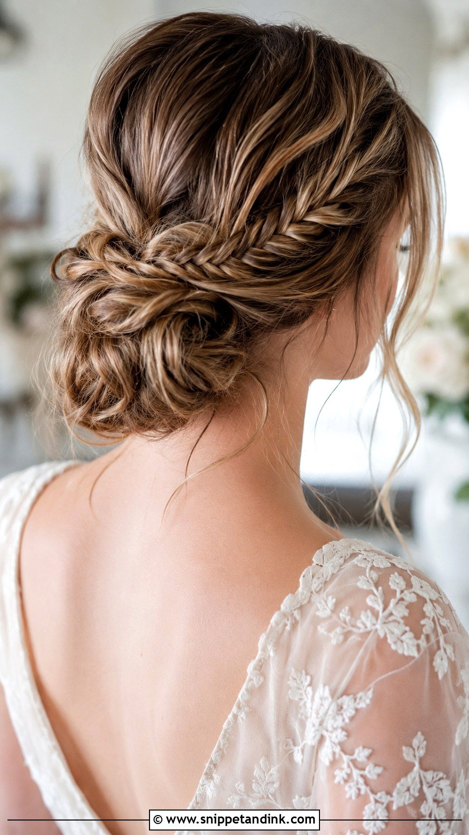 Low Messy Bun With Fishtail Braid - Snippet and Ink - 30 Low Messy Bun Wedding Hair Ideas