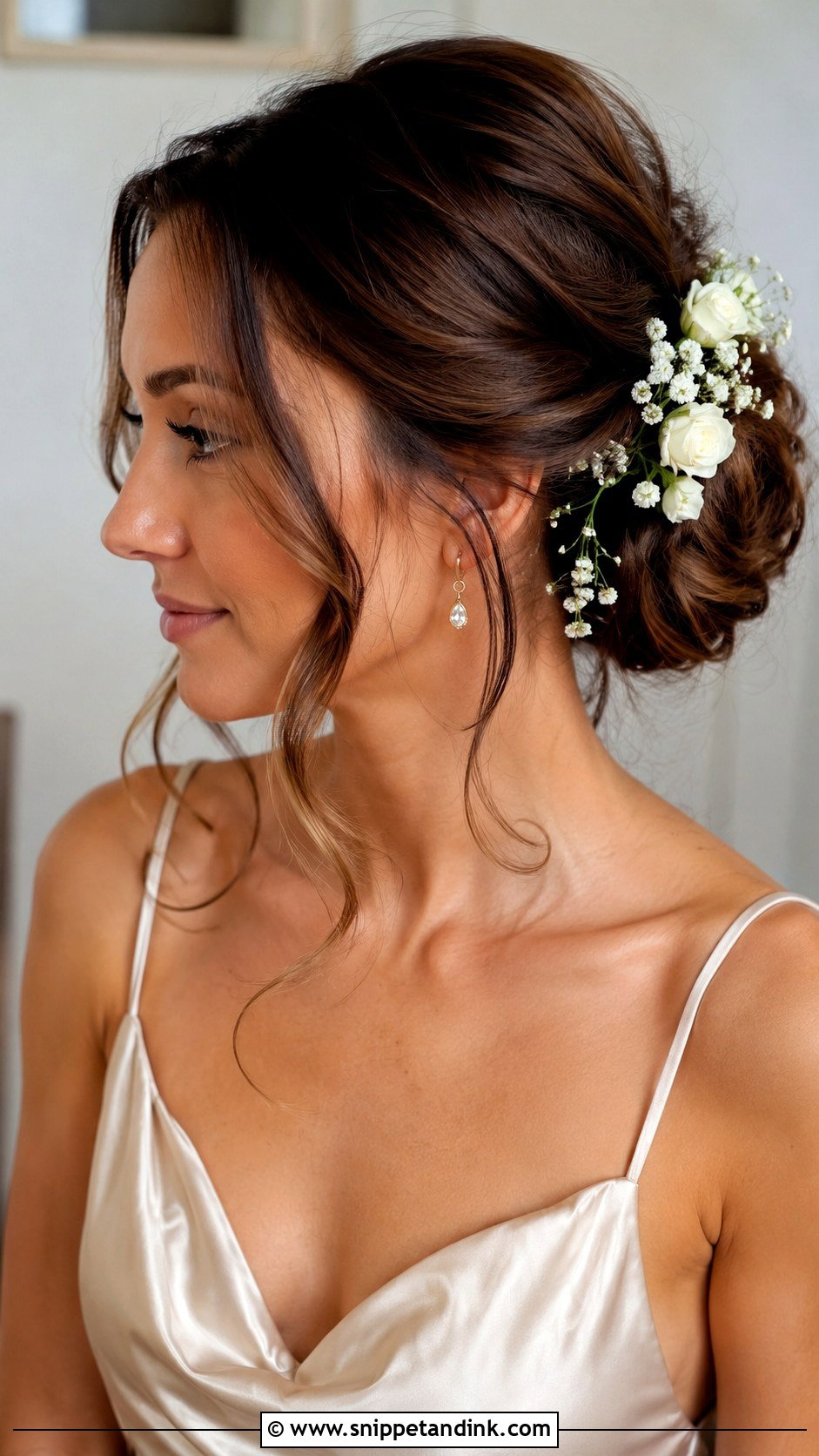 Low Messy Bun With Flowers - Snippet and Ink - 20 Hairstyle for Sister Wedding Ideas
