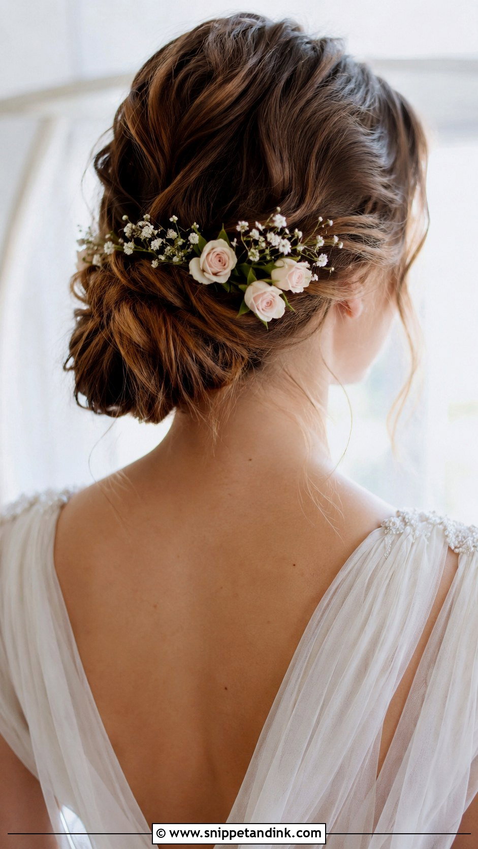 Low Messy Bun With Fresh Flowers - Snippet and Ink - 30 Low Messy Bun Wedding Hair Ideas