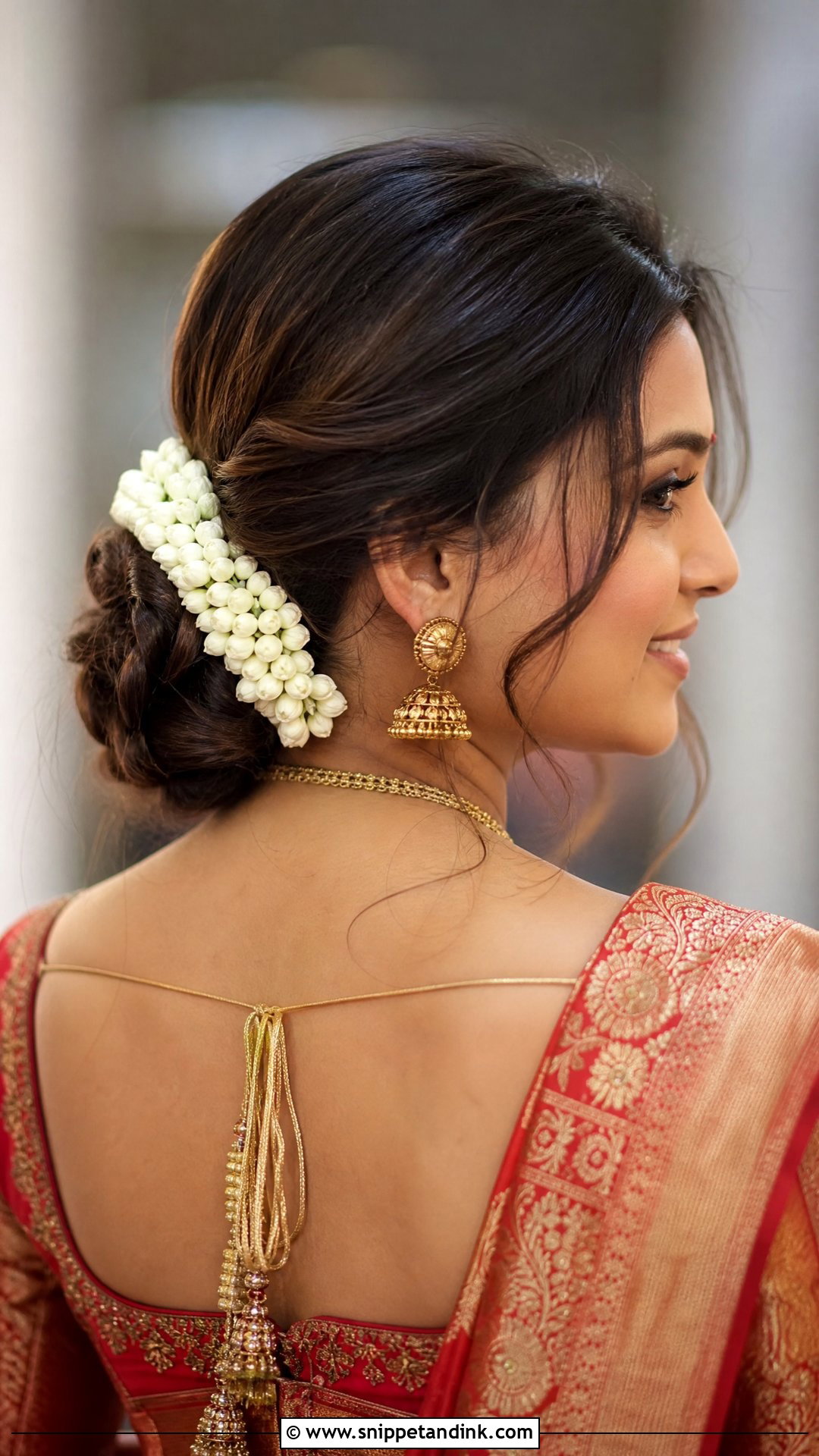 Low Messy Bun With Gajra - Snippet and Ink - 20 Indian Wedding Bun Hairstyle Ideas