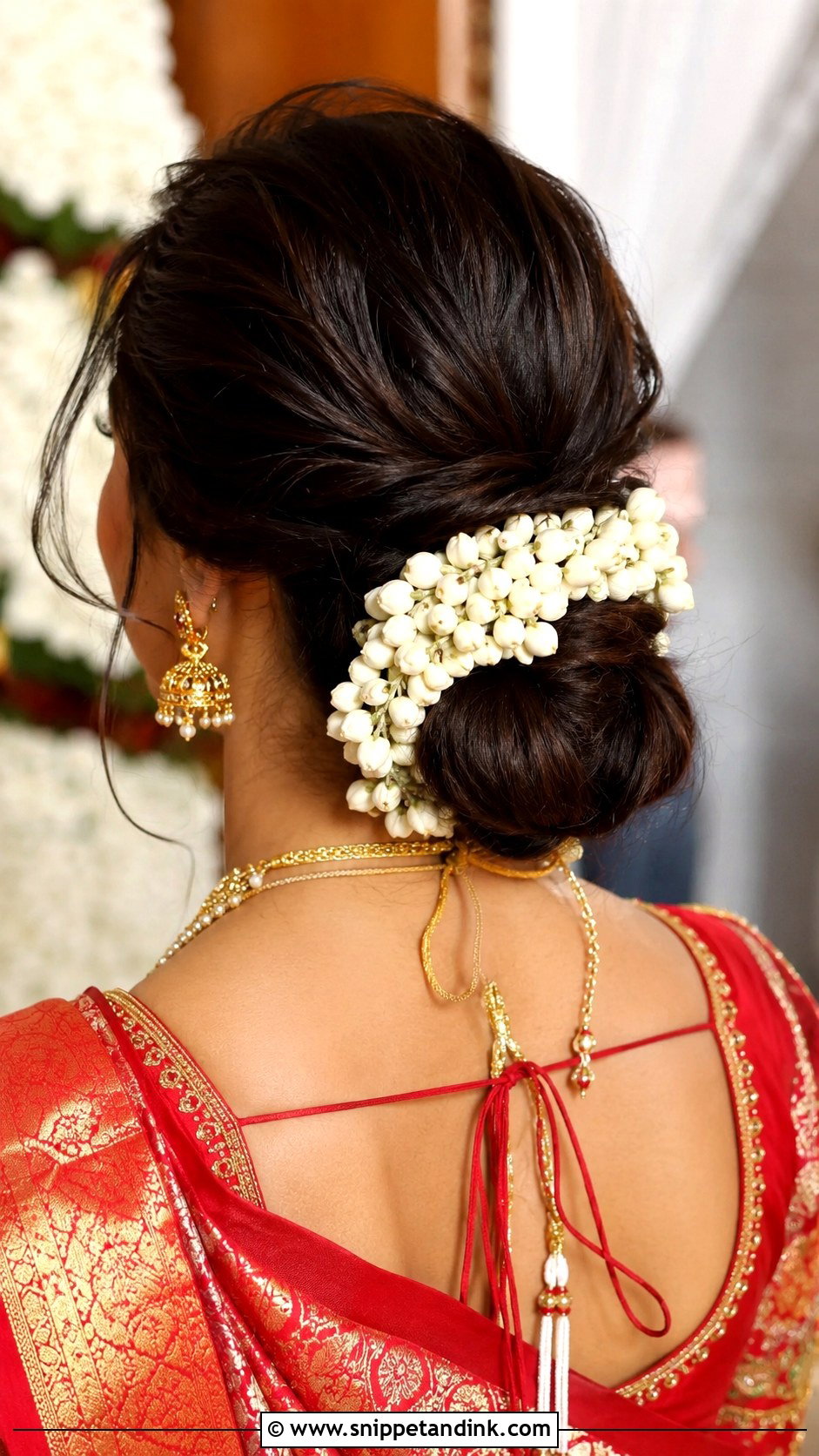 Low Messy Bun With Gajra - Snippet and Ink - 25 Indian Messy Bun Hairstyles for Wedding