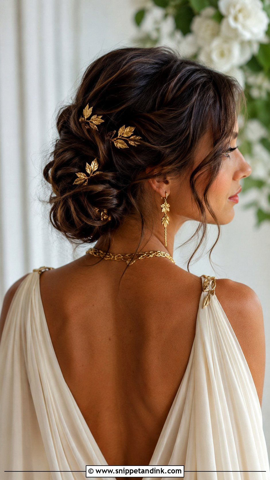 Low Messy Bun With Gold Accessories - Snippet and Ink - 30 Low Messy Bun Wedding Hair Ideas