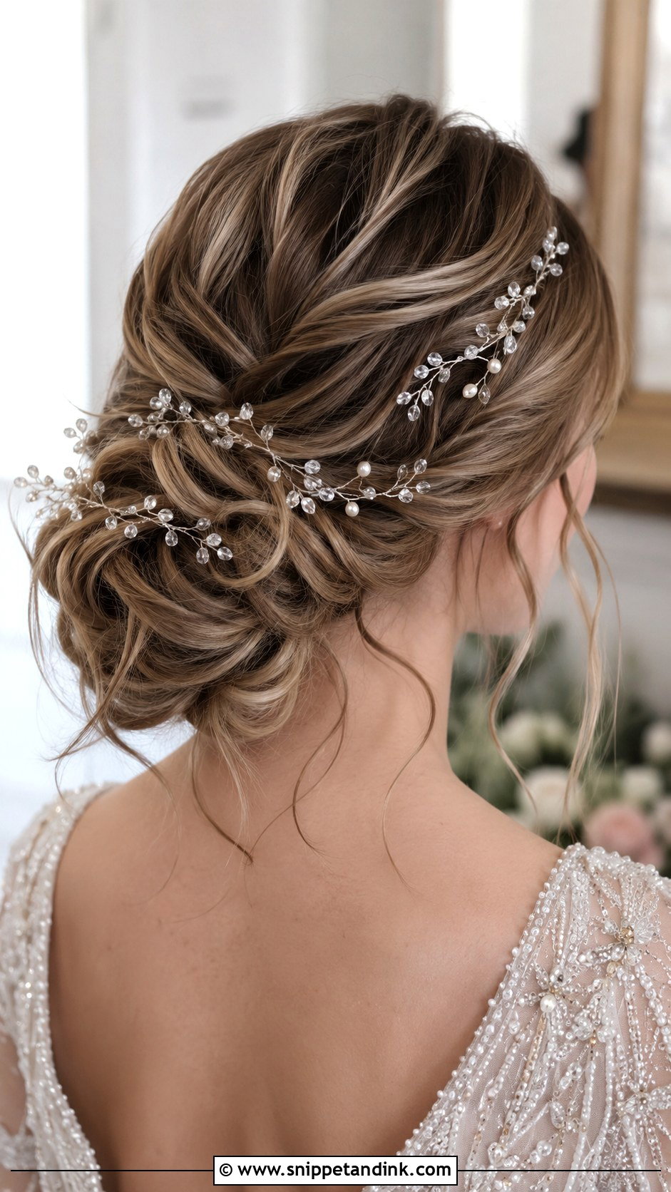 Low Messy Bun With Hair Vine - Snippet and Ink - 30 Low Messy Bun Wedding Hair Ideas