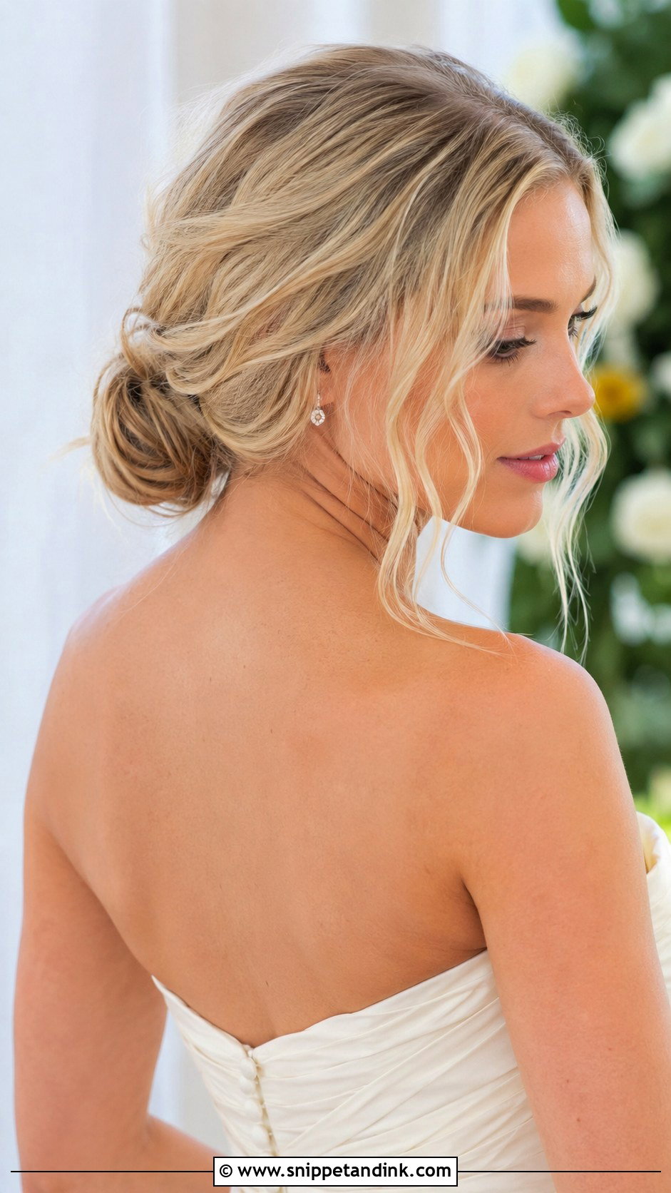 Low Messy Bun With Loose Face Framing Strands - Snippet and Ink - 20 Bridal Messy Bun Hairstyles