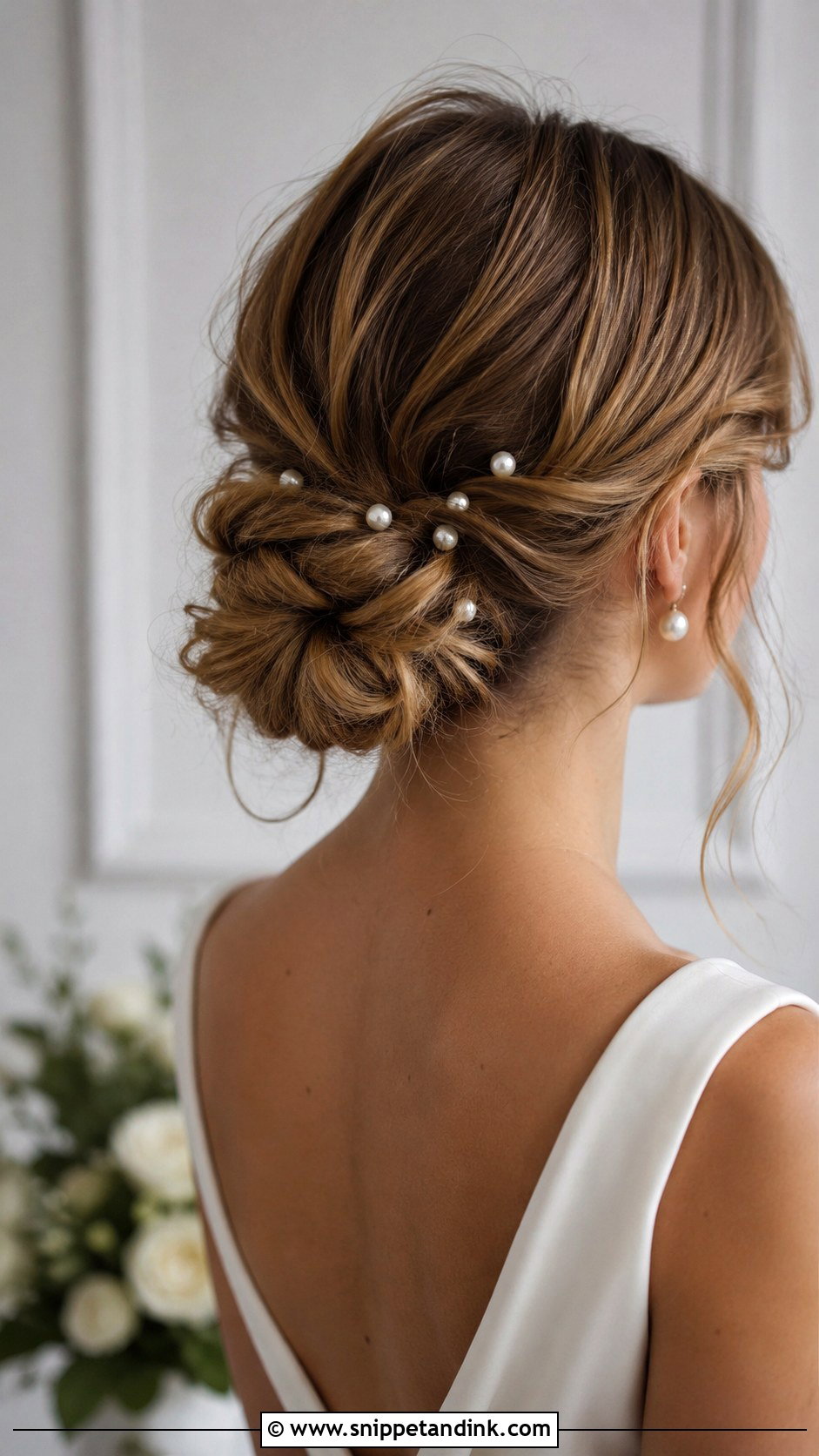 Low Messy Bun With Pearl Pins - Snippet and Ink - 30 Low Messy Bun Wedding Hair Ideas