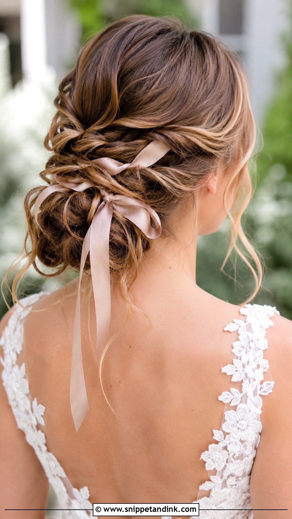 Low Messy Bun With Ribbon - Snippet and Ink - 30 Low Messy Bun Wedding Hair Ideas