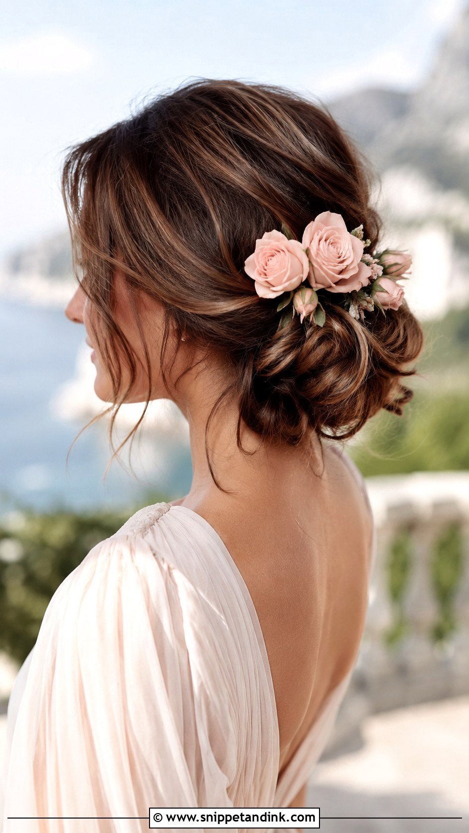 Low Messy Bun With Rose Accents - Snippet and Ink - 30 Low Messy Bun Wedding Hair Ideas