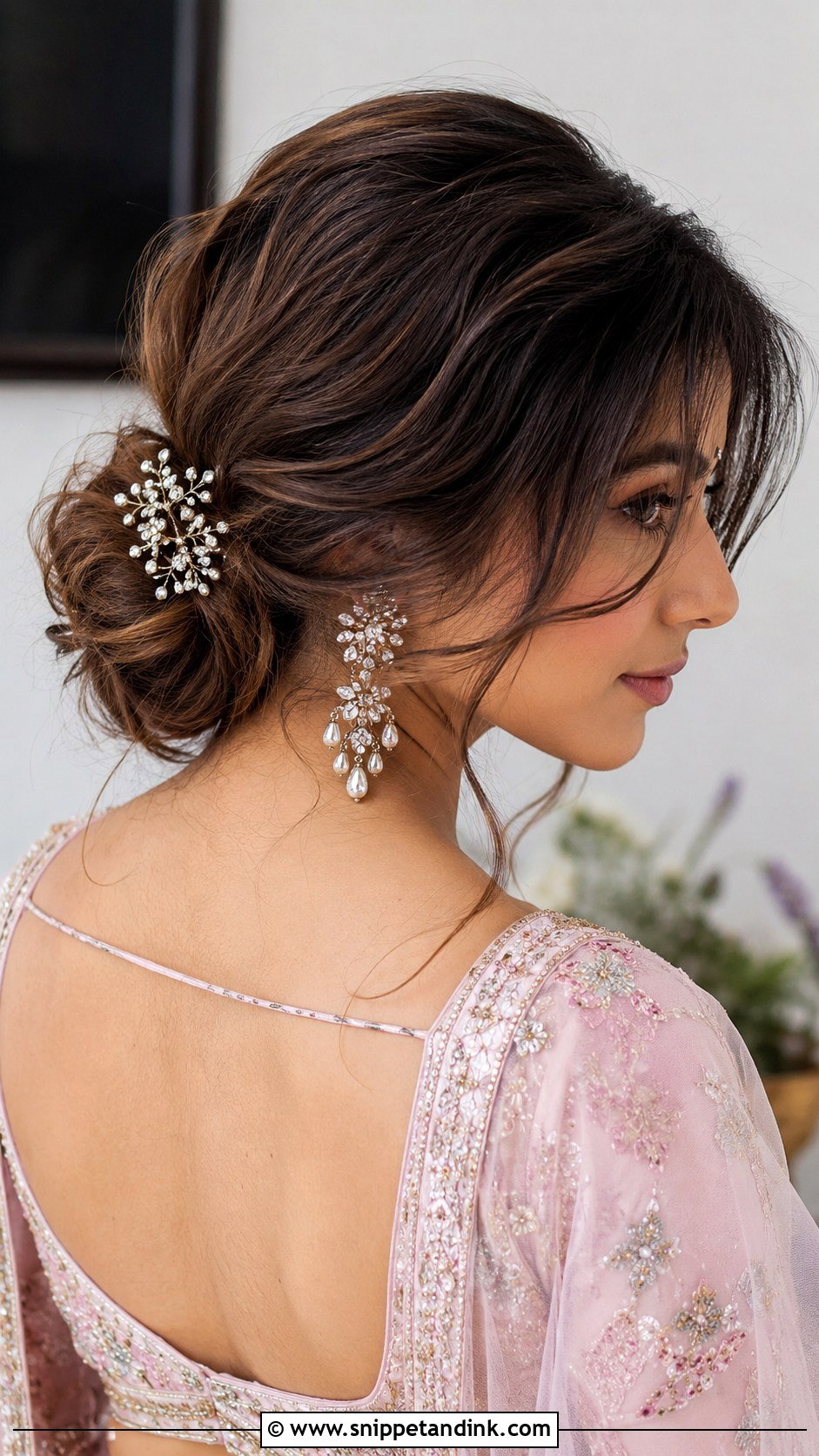 Low Messy Bun With Side Bangs - Snippet and Ink - 25 Easy Simple Medium Length Hair Hairstyles for Indian Weddings