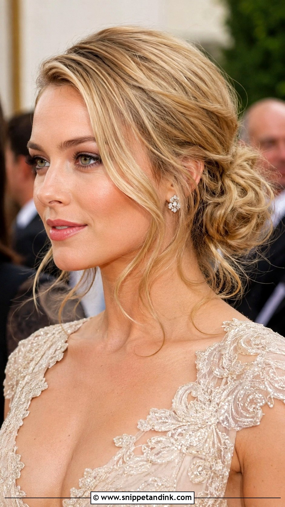 Low Messy Bun With Side Part - Snippet and Ink - 30 Low Messy Bun Wedding Hair Ideas