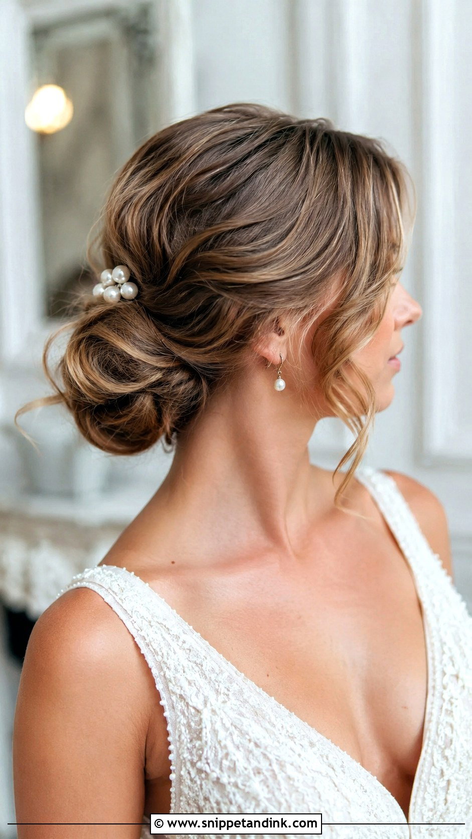 Low Messy Bun With Soft Waves - Snippet and Ink - 30 Messy Updo Wedding Ideas