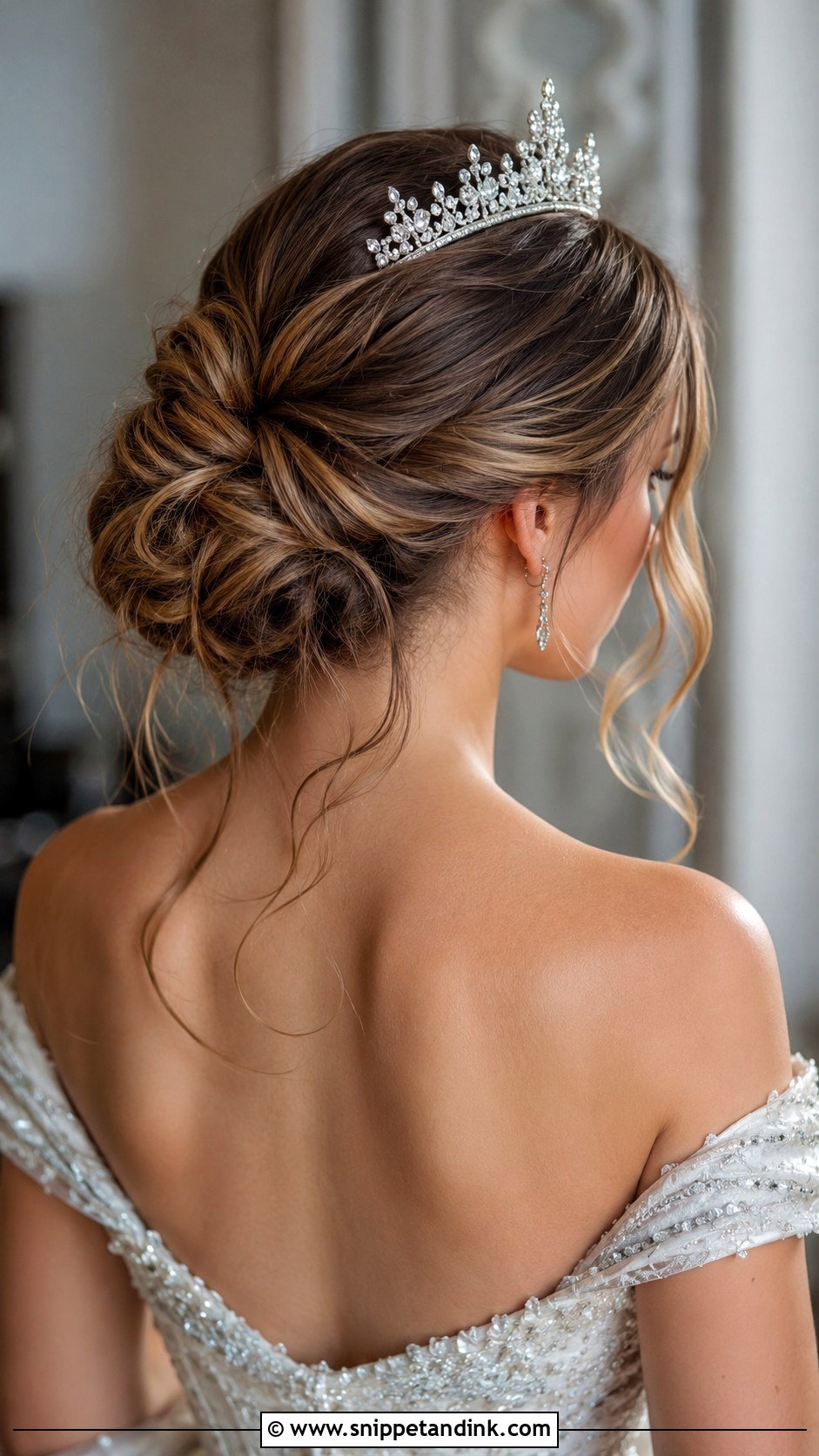 Low Messy Bun With Tiara - Snippet and Ink - 30 Low Messy Bun Wedding Hair Ideas