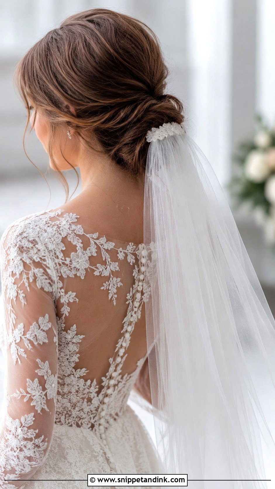 Low Messy Bun With Veil - Snippet and Ink - 30 Low Messy Bun Wedding Hair Ideas