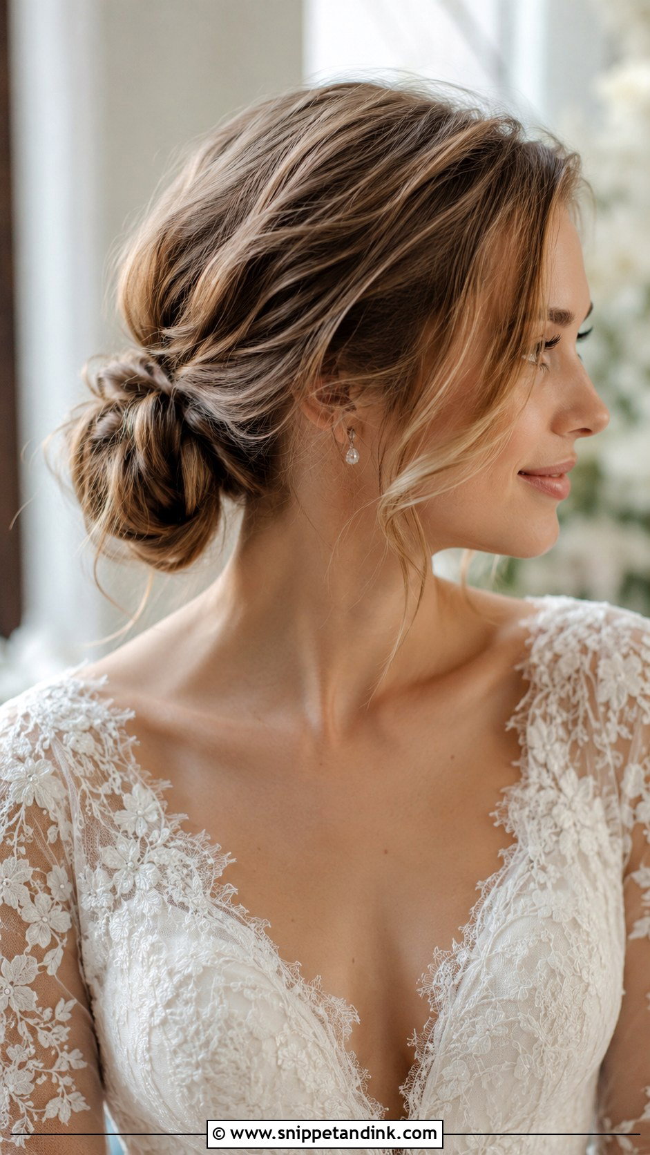 Low Messy Bun for Short Hair - Snippet and Ink - 20 Short Hair Bun Wedding Ideas