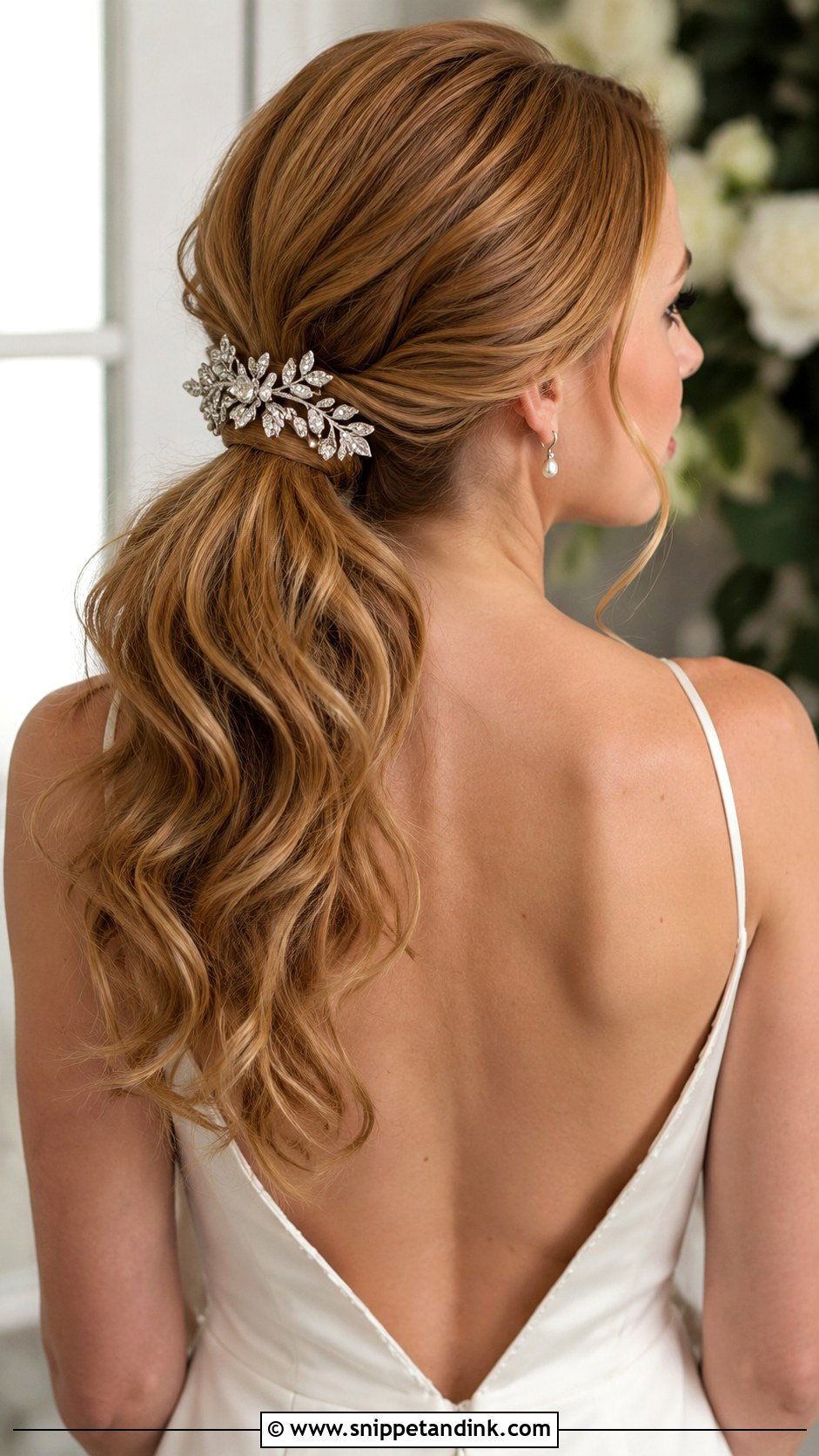Low Pony Bridal Hair With Statement Clip - Snippet and Ink - 20 Low Pony Bridal Hair Ideas