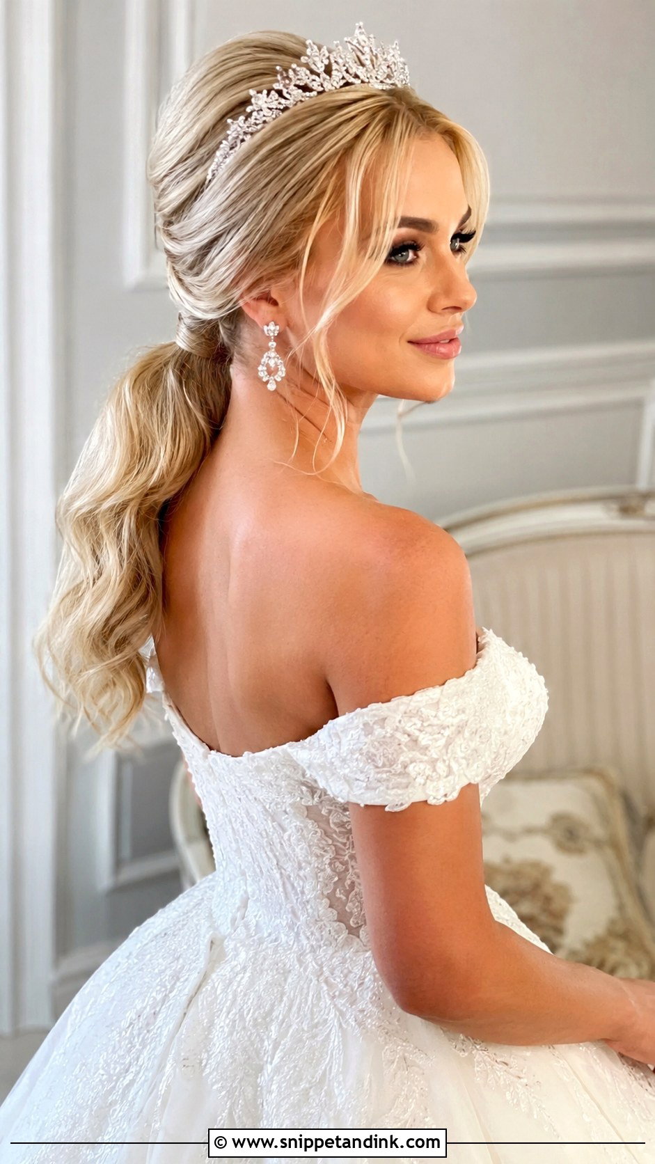 Low Pony Bridal Hair With Tiara - Snippet and Ink - 20 Low Pony Bridal Hair Ideas