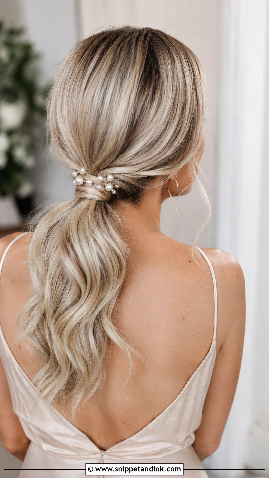 Low Pony Bridesmaid Hair With Pearls - Snippet and Ink - 20 Low Pony Bridesmaid Hair Ideas
