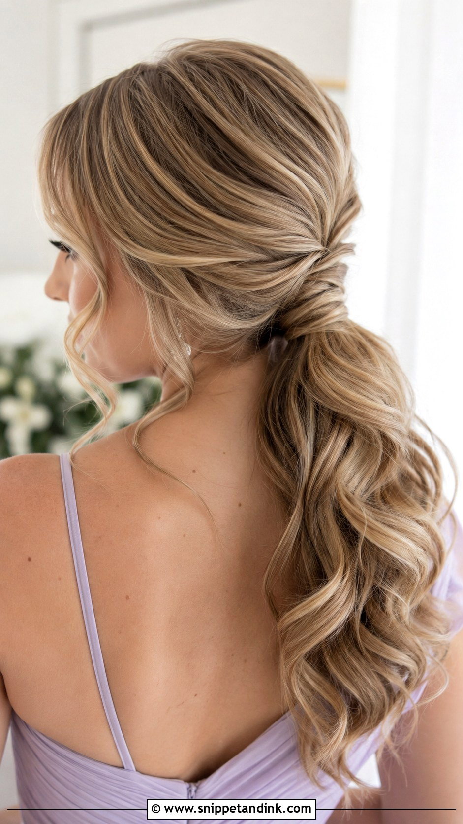 Low Pony Bridesmaid Hair With Soft Curls - Snippet and Ink - 20 Low Pony Bridesmaid Hair Ideas