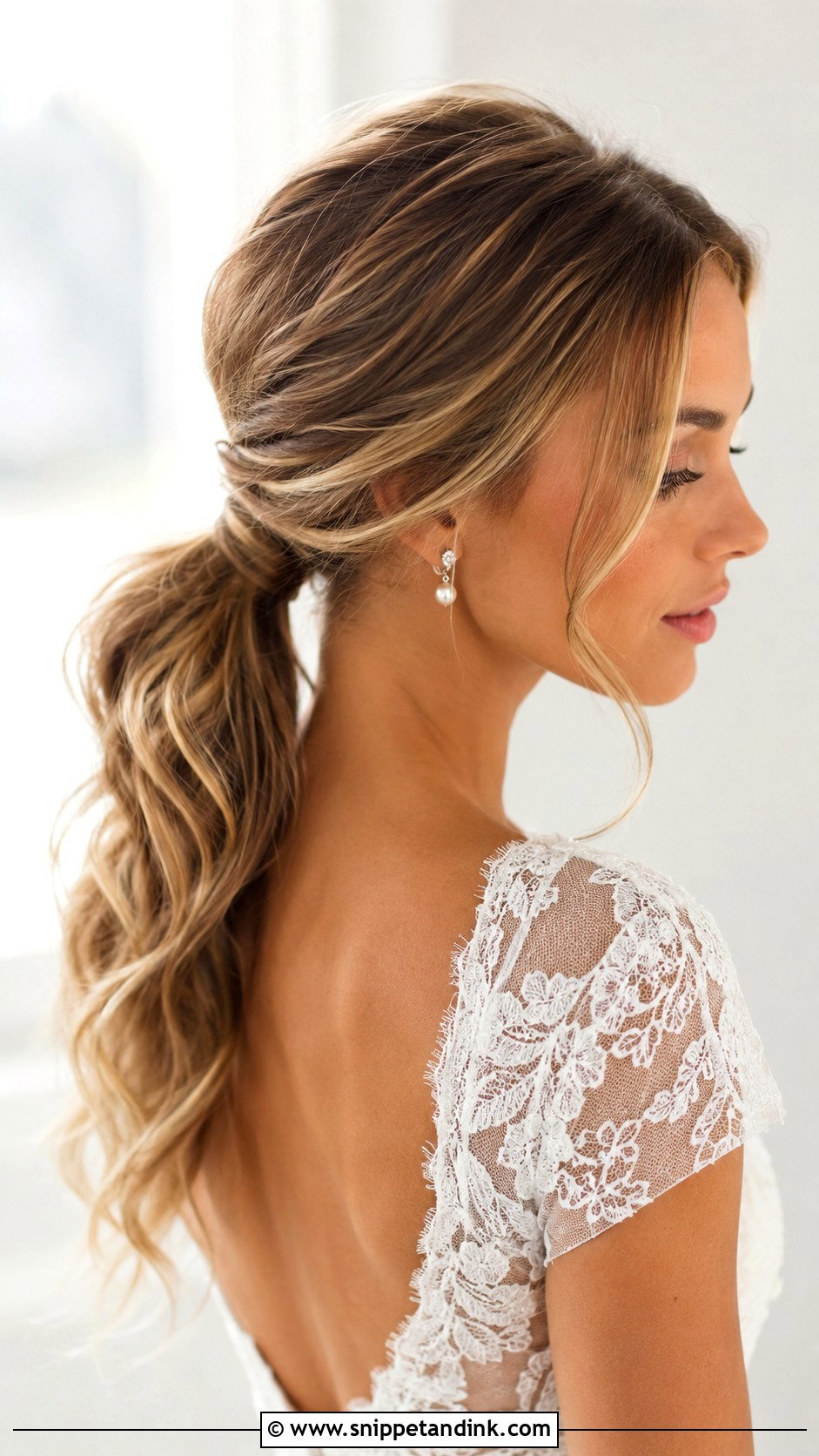 Low Ponytail Bridal Hair With Face Framing Pieces - Snippet and Ink - 15 Low Ponytail Bridal Hair Ideas