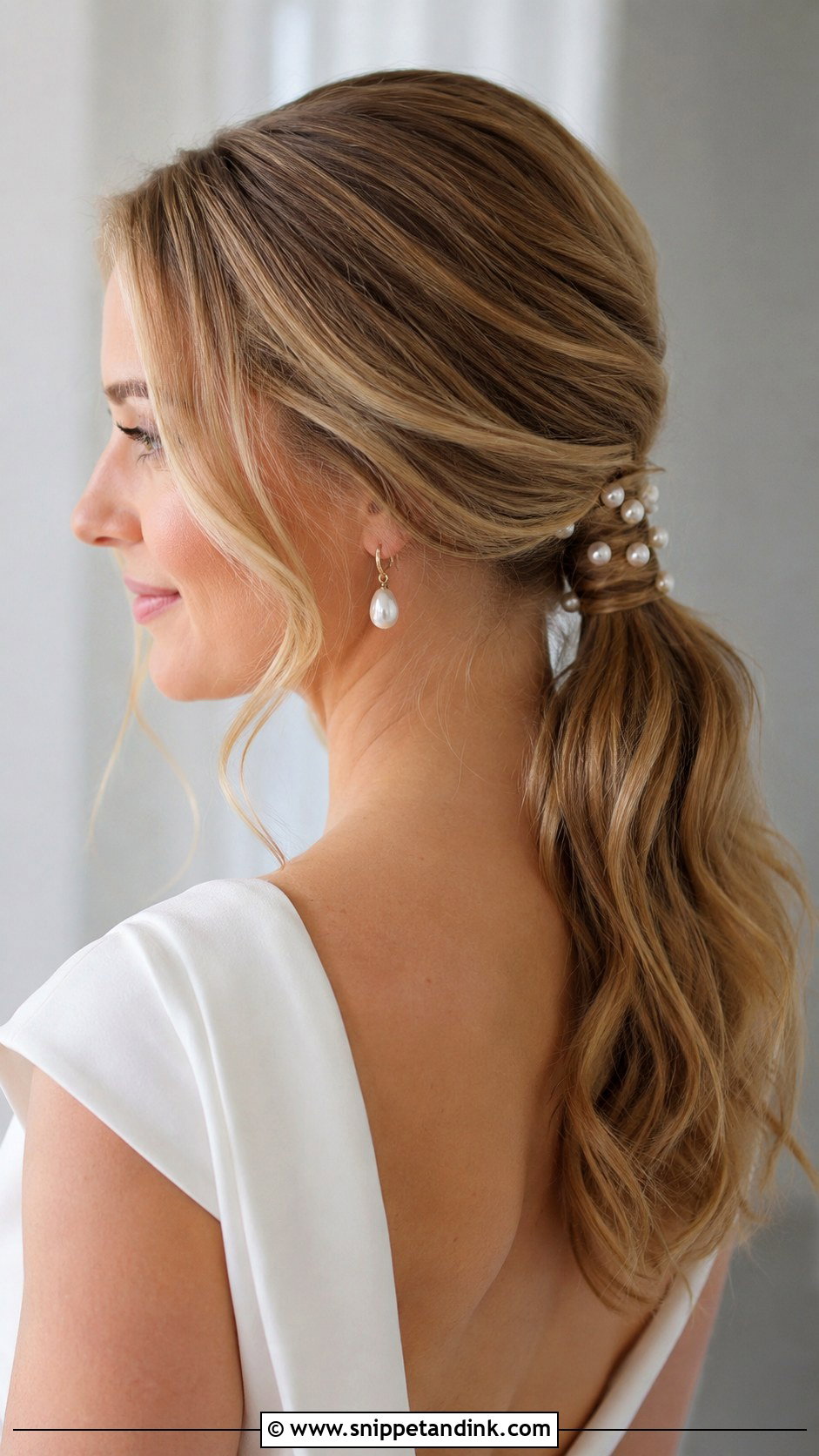 Low Ponytail Bridal Hair With Pearls - Snippet and Ink - 15 Low Ponytail Bridal Hair Ideas