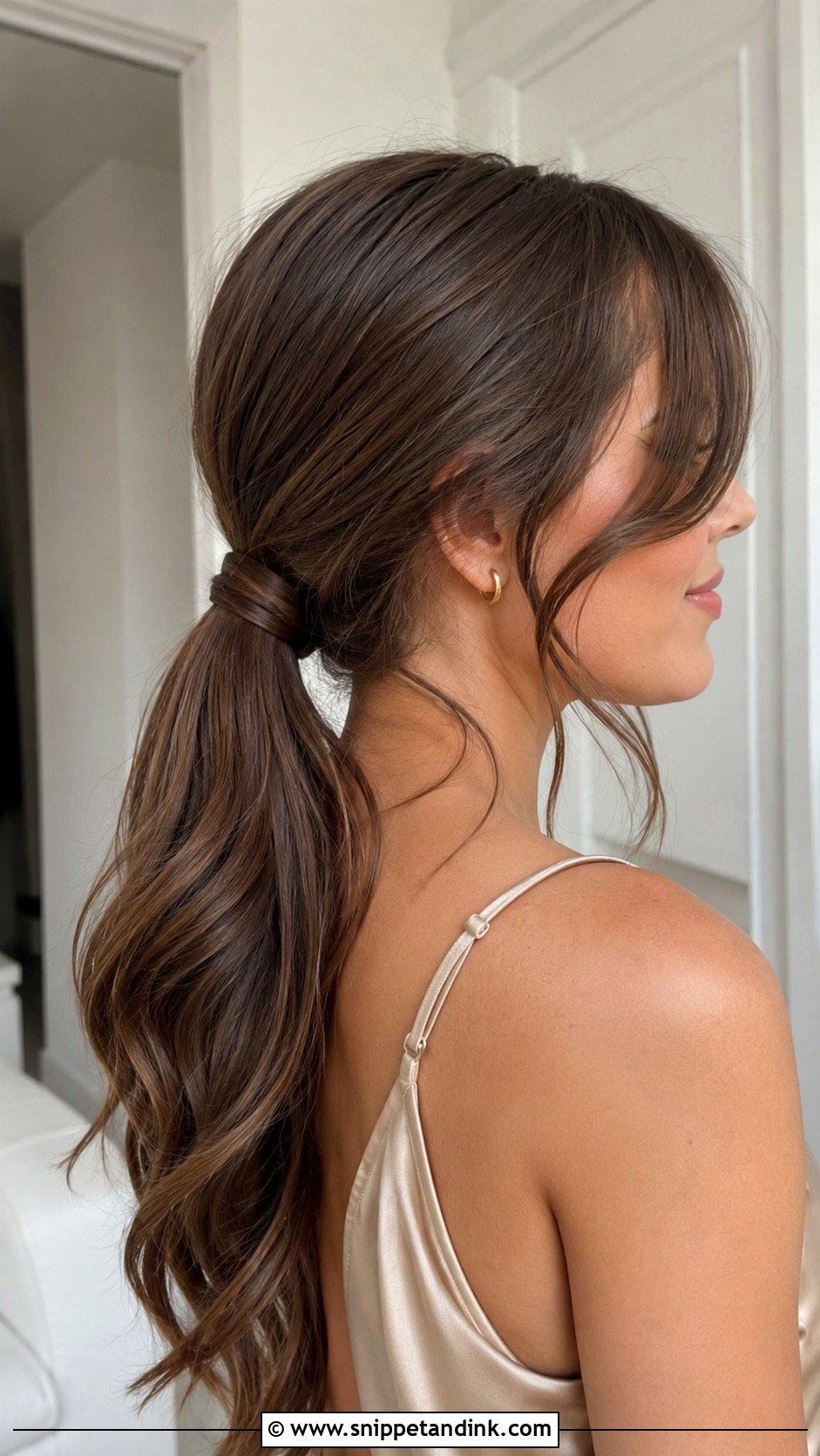 Low Ponytail Bridesmaid Hair With Curtain Bangs - Snippet and Ink - 25 Bridesmaid Hair with Bangs Ideas