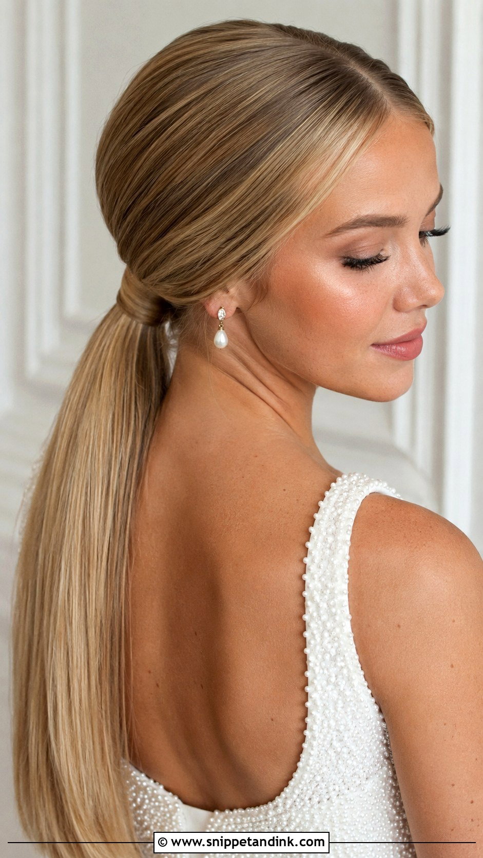 Low Ponytail Long Straight Wedding Hair - Snippet and Ink - 15 Long Straight Wedding Hair Ideas