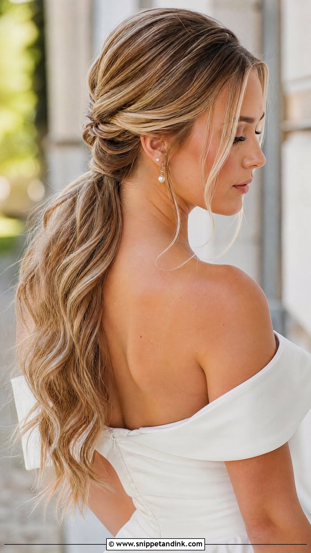 Low Ponytail Wedding Hairstyle For Off Shoulder Dress - Snippet and Ink - 20 Wedding Hairstyles for Long Hair Off Shoulder Dress