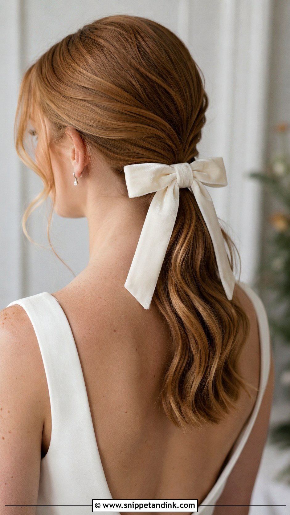 Low Ponytail Wedding Hairstyle With Velvet Bow - Snippet and Ink - 15 Wedding Hairstyles with Hair Accessories