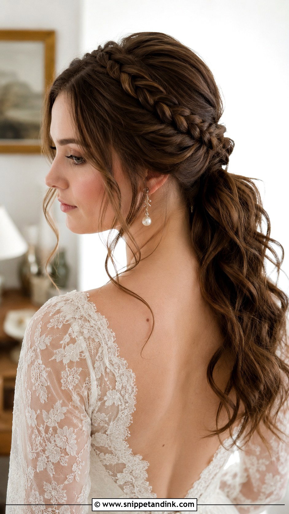 Low Ponytail With Braided Crown - Snippet and Ink - 20 Bridal Low Ponytail Ideas
