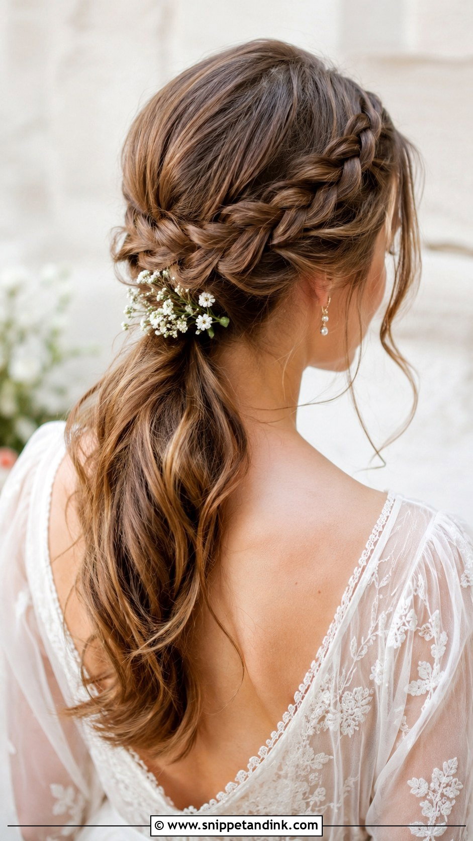 Low Ponytail With Crown Braid - Snippet and Ink - 25 Low Ponytail Wedding Hair Ideas