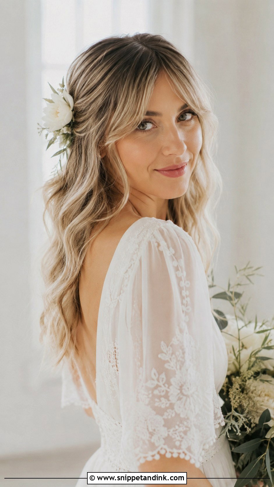 Low Ponytail With Curtain Bangs - Snippet and Ink - 20 Wedding Hair with Curtain Bangs Ideas
