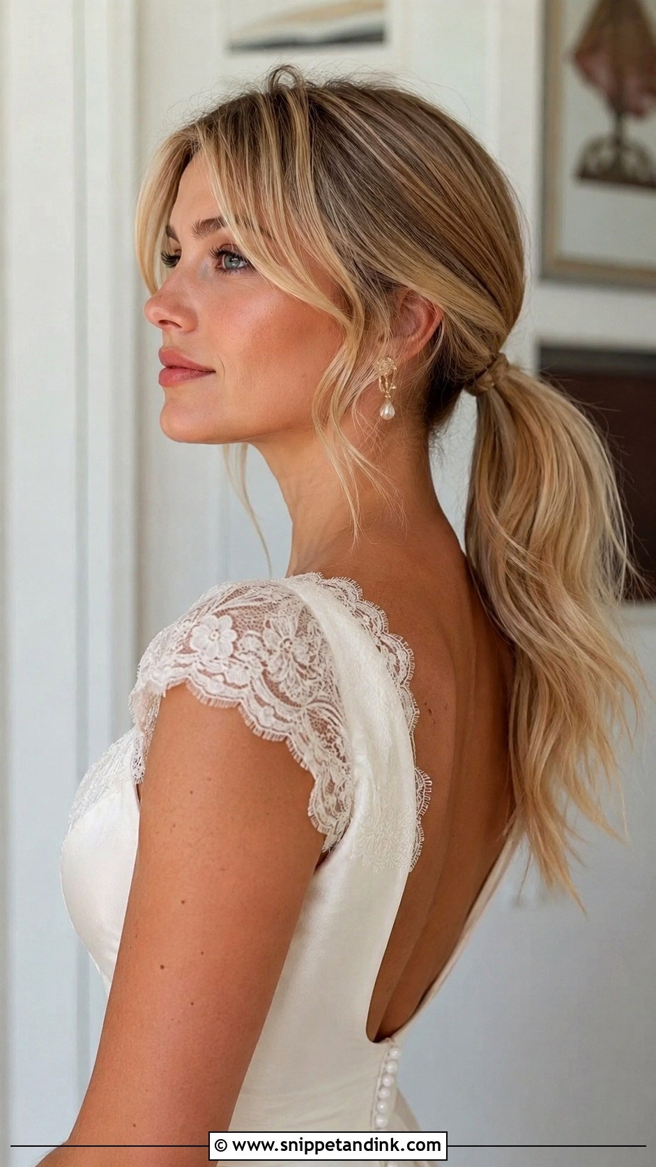 Low Ponytail With Curtain Bangs - Snippet and Ink - 25 Wedding Hair Ponytail Ideas