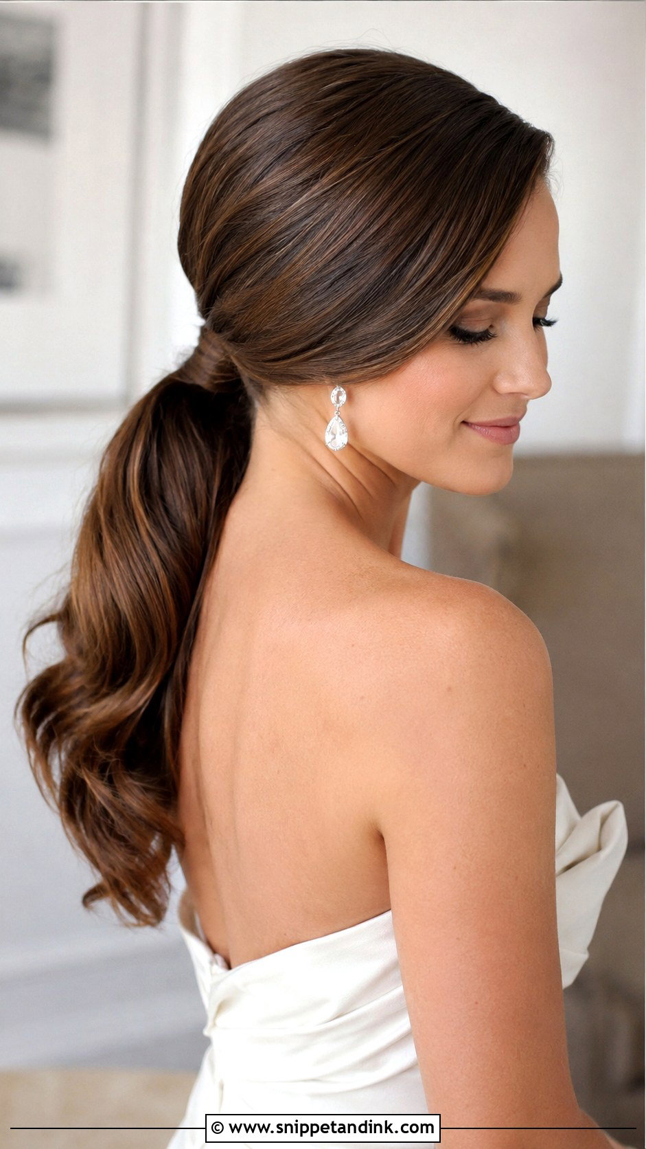 Low Ponytail With Deep Side Part - Snippet and Ink - 25 Low Ponytail Wedding Hair Ideas