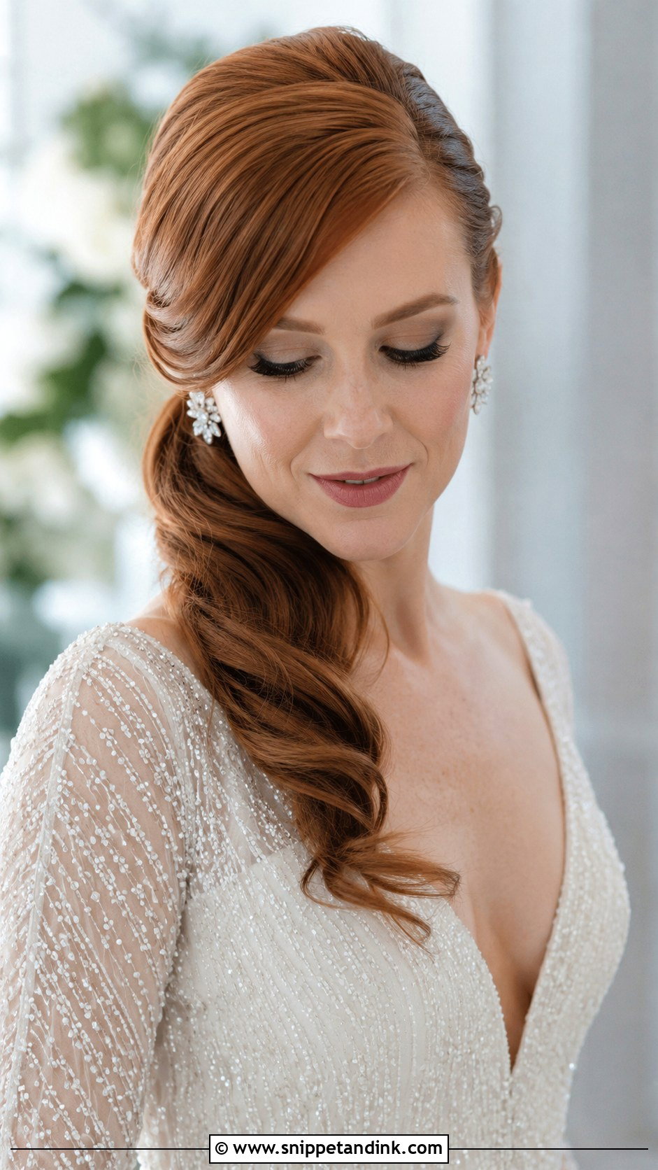 Low Ponytail With Deep Side Part - Snippet and Ink - 30 Elegant Ponytail Wedding Hairstyles