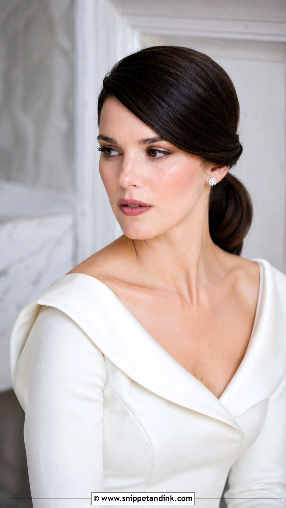 Low Ponytail With Deep Side Part - Snippet and Ink - 20 Bridal Low Ponytail Ideas