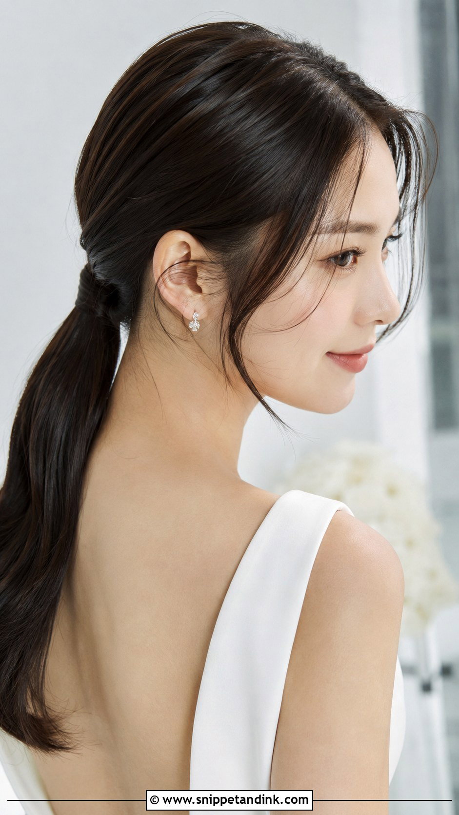 Low Ponytail With Face Framing Pieces - Snippet and Ink - 25 Shoulder Length Bridal Hair Ideas