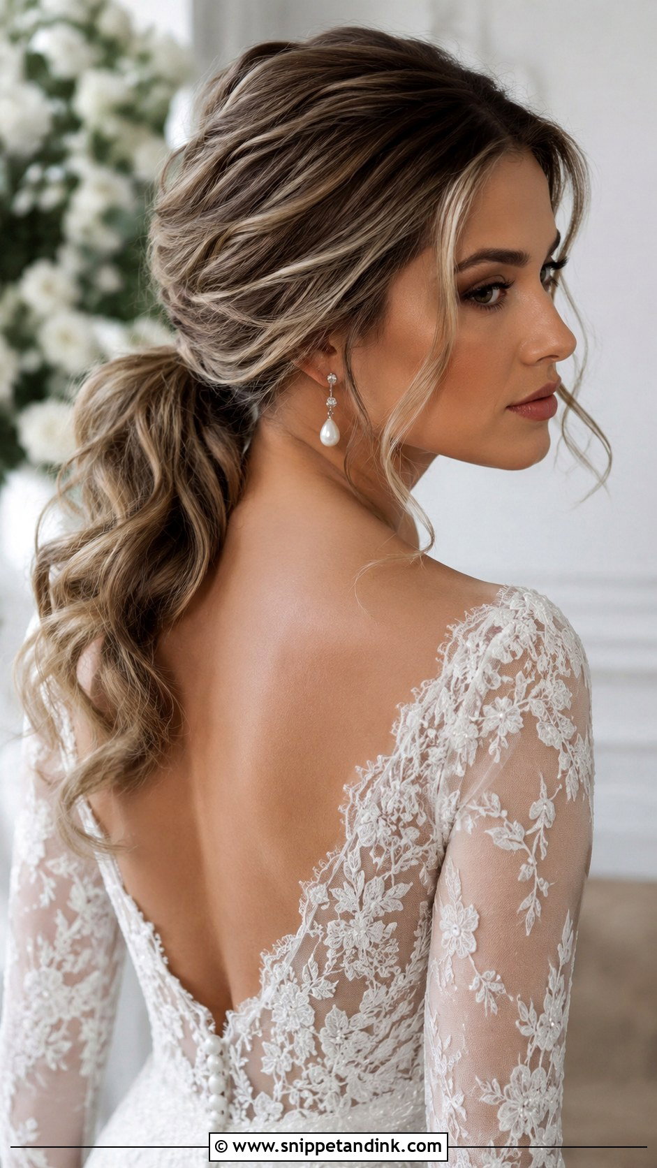 Low Ponytail With Face Framing Tendrils - Snippet and Ink - 20 Bridal Low Ponytail Ideas